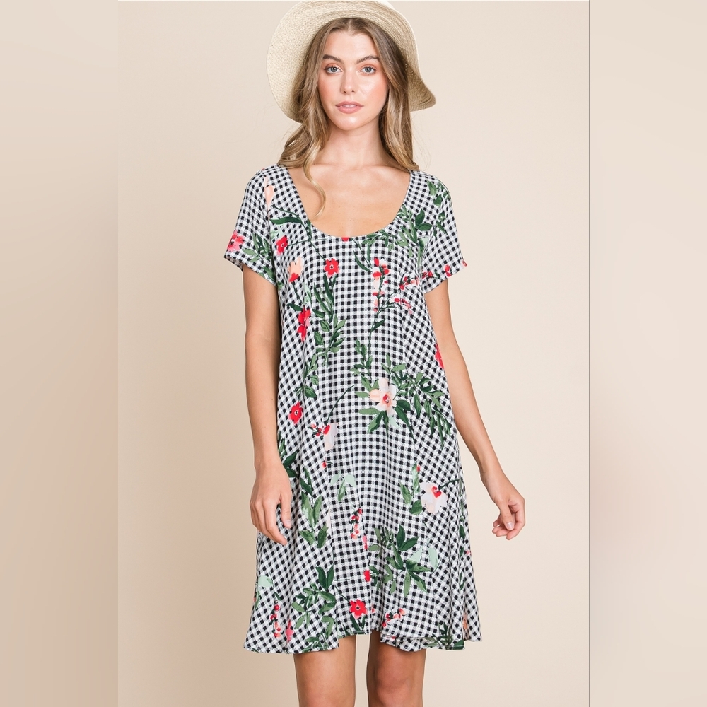 Emerald Black & White Gingham Floral Mini Dress